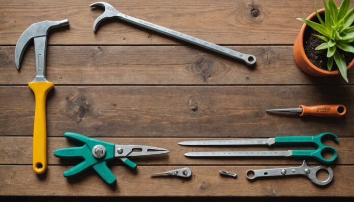 Outils de bricolage et de jardinage disposés sur un établi en bois, illustrant les programmes de parrainage bricolage