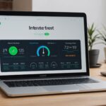 Test débit internet : comment vérifier sa connexion avant de changer d’opérateur Ordinateur portable affichant un test de débit internet à côté d'un routeur wifi
