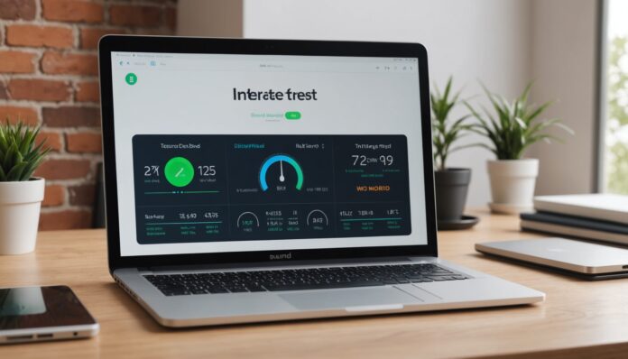 Ordinateur portable affichant un test de débit internet à côté d'un routeur wifi
