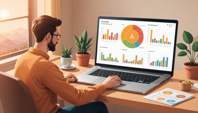 Illustration d'une personne analysant des graphiques de cryptomonnaies sur un ordinateur portable