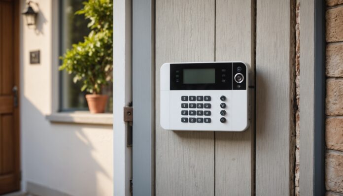 Système d'alarme connecté et caméra de sécurité à l'entrée d'une maison