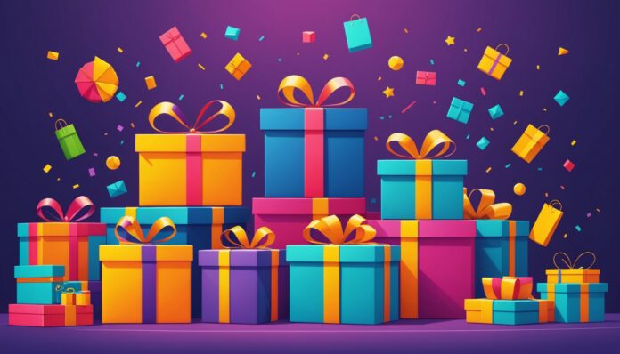 Illustration colorée d'achats en ligne et de cadeaux symbolisant le parrainage sur les sites de ventes privées