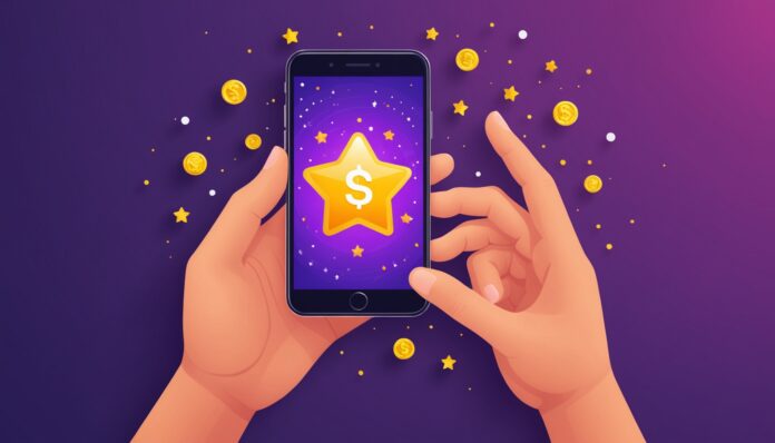 Illustration d'un smartphone affichant une récompense de parrainage cashback entourée de pièces et d'étoiles