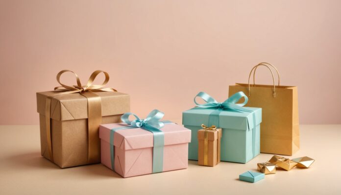 Coffrets cadeaux emballes et carte cadeau symbolisant le parrainage entre parrain et filleul
