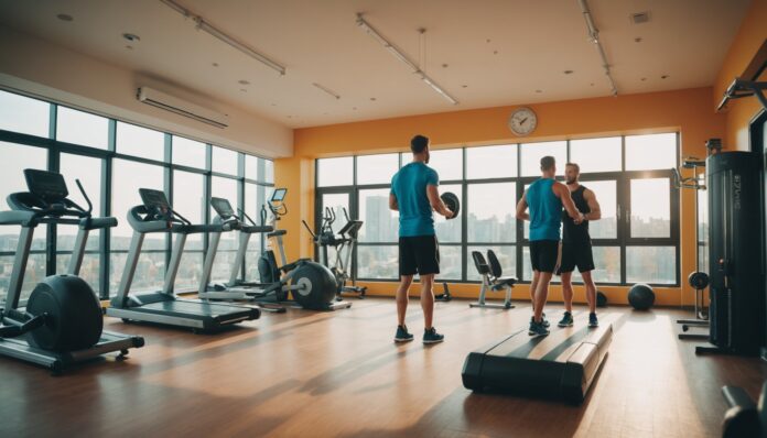 Salle de sport moderne illustrant le parrainage entre adherents