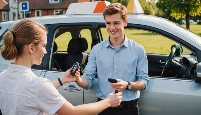 Jeune conducteur avec les clés de sa voiture-école