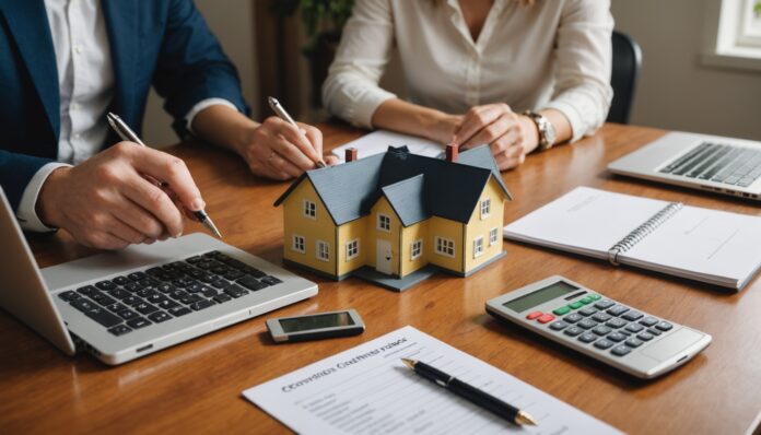 Couple étudiant une offre de crédit immobilier avec calculatrice et ordinateur portable