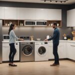 Parrainage électroménager : comparatif Boulanger Location, Darty et Cdiscount Illustration d'un parrainage électroménager entre deux clients dans un showroom