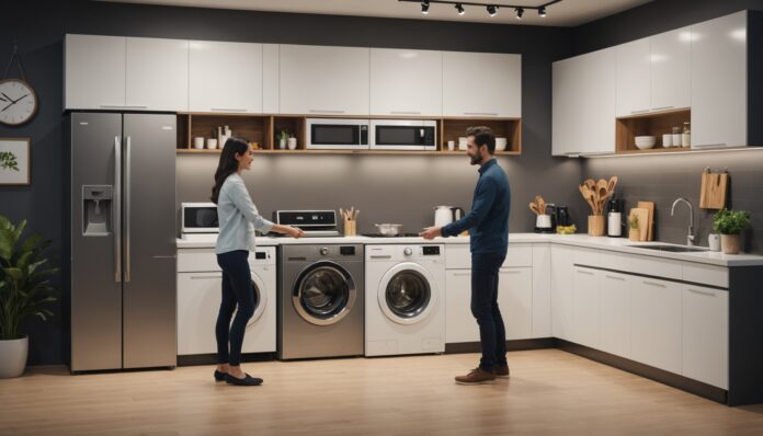 Illustration d'un parrainage électroménager entre deux clients dans un showroom