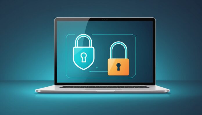 Illustration d'un cadenas numérique reliant deux appareils, symbole du parrainage VPN et antivirus