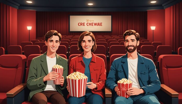 Illustration générée par IA d'une salle de cinéma avec deux amis partageant des billets, ne représente pas un établissement réel
