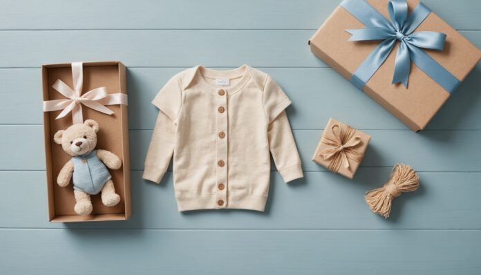 Illustration d'un parrainage bébé avec vêtements, peluche et bon d'achat sur une table pastel