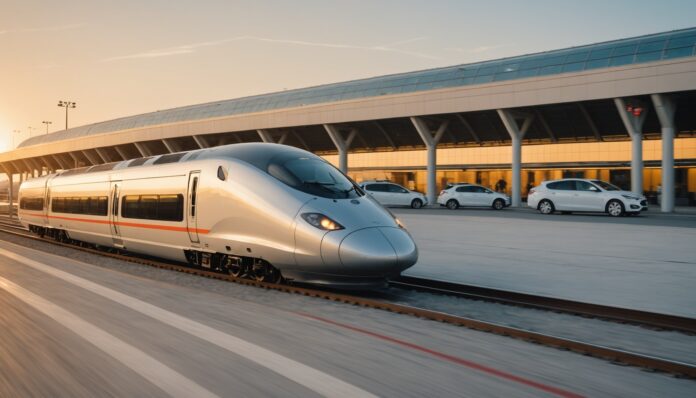 Train à grande vitesse, voiture de location et avion, symboles des programmes de parrainage voyage
